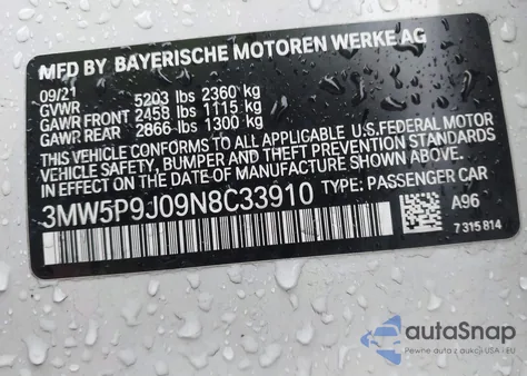 2022 BMW 330E xDrive z USA, uszkodzony, nr VIN 3MW5P9J09N8C33910